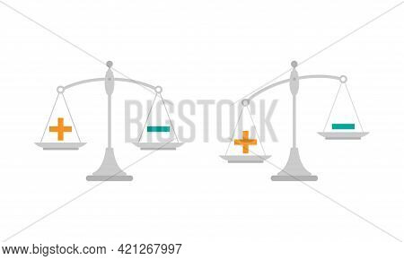 Black Mechanical Scales With Plus And Minus In Pans. Value, Solution And Rationality Balance. Pros A