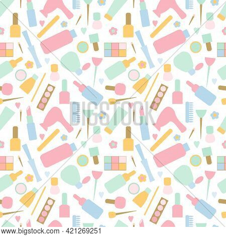 Seamless Illustration Of Cosmetics And Spa Elements For Body And Face Skin. Background From Natural 