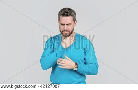 Suffering Man In Has Grizzled Hair. Sick Man On Grey Background. Mens Health.