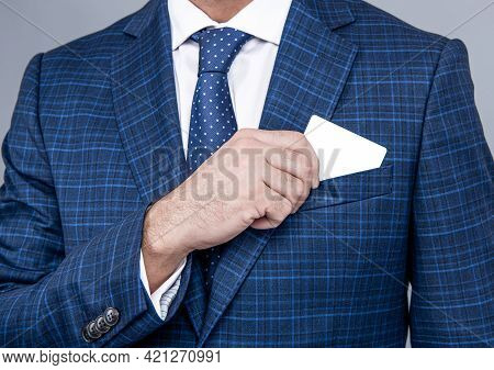 Presenting His Visiting Card. Male Hand Pull Visiting Card Out Of Pocket. Business Information