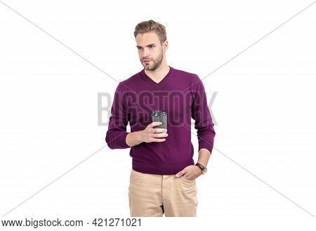 Unshaven Guy Hold Disposable Cup With Coffee Or Tea Isolated On White, Beverage.