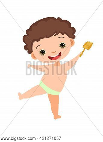 Cheerful Boy Rejoices. Prepared For Water Games In The Sea, River Or Pool. In Beachwear. Isolated On