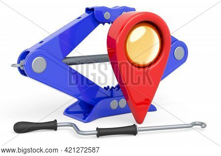 Map Pointer With Screwjack, Car Service Location Concept. 3d Rendering Isolated On White Background
