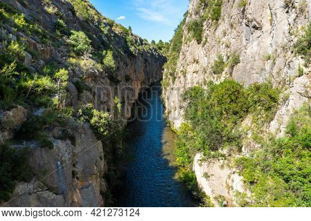 Suspension Bridges In The Loriguilla Reservoir. Ruta De Los Pantaneros In The Town Of Chulilla In Th