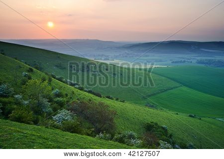 Sunset Over English Countryside Escarpment Landscape