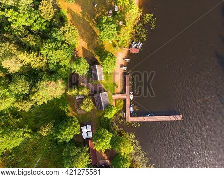 Picturesque Landscape Lake Seliger With Forest, Pier And Boats. Beautiful Aerial View Of The Pier Wi