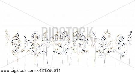 Horizontal White Banner Or Floral Backdrop. Field Grasses Vector Stock Illustration. Spring Botanica