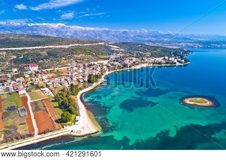 Coastal Town Of Posedarje And Velebit Mountain Aerial View, Dalmatia Region Of Croatia