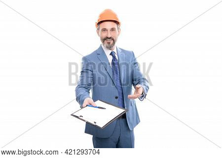 Cheerful Mature Investor Offer To Sign Contract On Folder Documents Isolated On White, Welcome.