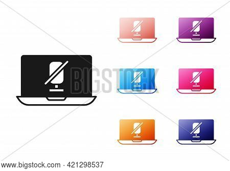 Black Mute Microphone On Laptop Icon Isolated On White Background. Microphone Audio Muted. Set Icons