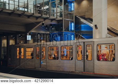 Brussels, Belgium - August 17,2019: Brussels Metro Carriage Train On The Platform Of Schuman Station