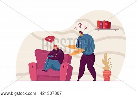 Husband Questioning Sad Wife Vector Illustration. Male Character Trying Know Why Female Is In Bad Mo