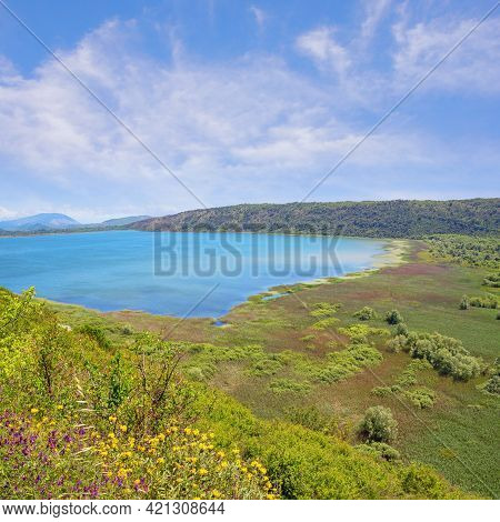 Beautiful Sunny Summer Landscape. Montenegro, Ulcinj, View Of Shas Lake