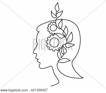 Human Head With Plant And Gears. One Line Drawing
