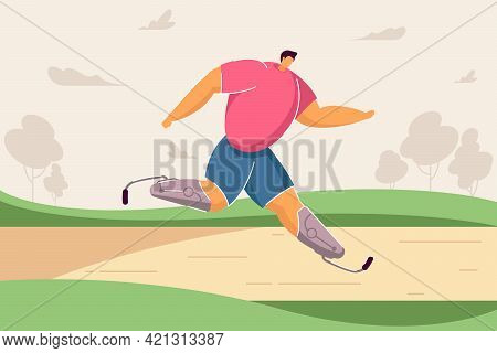 Athlete With Artificial Legs Taking Part In Race. Flat Vector Illustration. Disabled Man Running Mar