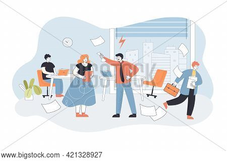 Angry Boss Shouting At Workers In Office. Flat Vector Illustration. Nervous Boss Unsatisfied With Wo