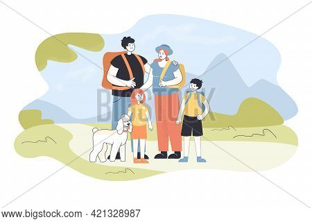 Happy Family Hiking Together Outdoors. Flat Vector Illustration. Mother, Father, Children With Dog W