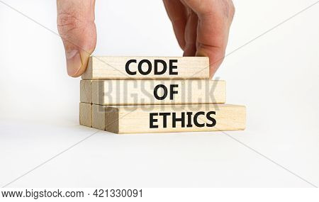 Code Of Ethics Symbol. Concept Words 'code Of Ethics' On Wooden Blocks On A Beautiful White Backgrou