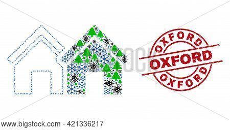 Winter Covid-2019 Collage Houses, And Textured Oxford Red Round Badge. Mosaic Houses Is Formed With 