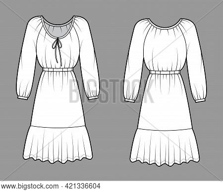 Dress Peasant Technical Fashion Illustration With Long Sleeves, Fitted Body, Knee Length Peplum Penc