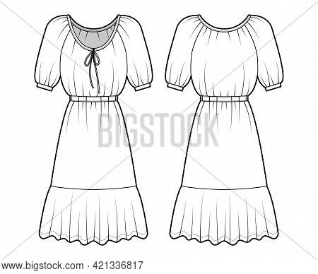 Dress Peasant Technical Fashion Illustration With Elbow Sleeves, Fitted Body, Knee Length Peplum Pen