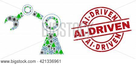 Winter Covid Collage Industrial Robot, And Distress Ai-driven Red Round Stamp Seal. Collage Industri