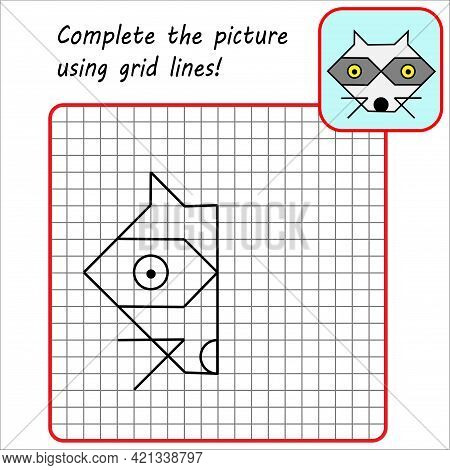 Educational Game For Kids. Simple Exercise Racoon. Drawing Using Grid. Symmetrical Drawing. Vector I