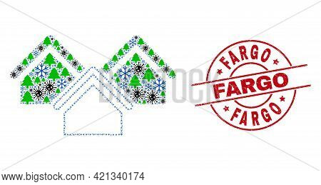 Winter Covid Combination Houses, And Rubber Fargo Red Round Stamp Seal. Collage Houses Is Designed W