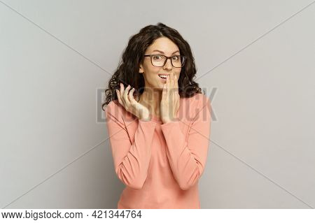 Shocked Positive Female Laugh Cover Mouth With Hand, Giggling. Excited Surprised Young Woman With Cu