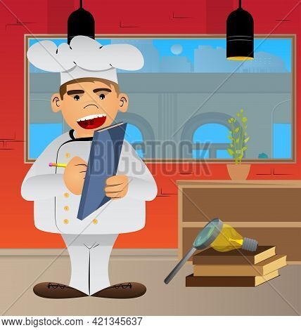 Fat Male Cartoon Chef In Uniform Writing On A Books Cover. Vector Illustration. Cook With A Notebook
