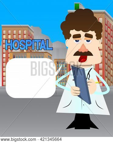 Funny Cartoon Doctor Writing On A Books Cover. Vector Illustration. Health Care Worker With A Notebo