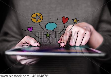 Customer Experiences Concept. Woman Using Digital Tablet To Giving Online Feedback. Positive Review.