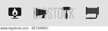 Set Location With Fire Flame, Megaphone, Firefighter Axe And Hose Reel Icon. Vector
