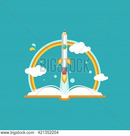 Open Book, Rainbow And Rocket Pencil With Fire On Blue Background. Vector Flat Illustration. Reading