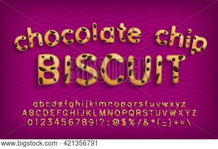 Chocolate Chip Biscuit Alphabet Font. Cartoon Cookie Letters, Numbers And Punctuation. Uppercase And