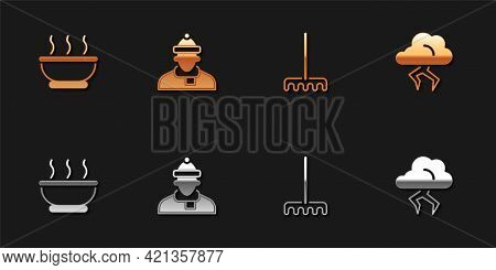 Set Bowl Of Hot Soup, Autumn Clothes, Garden Rake And Storm Icon. Vector