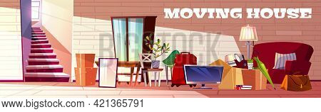 Moving House Cartoon Vector Concept With Box Filled Household Stuff, Luggage Bags, Home Plants And F