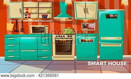 Smart Kitchen Interior Background Vector Illustration Of Home Wireless Control Technology. Cartoon F
