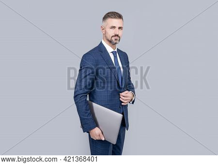 Mature Businessman Working Online. Business Success. Programmer Man Hold Pc.