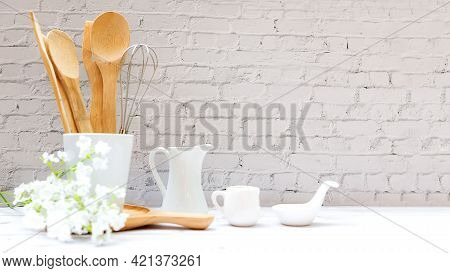 Kitchen Tools And Kitchenware Utensil Object On Kitchen Shelf Wood White For Healthy Eat And Health 