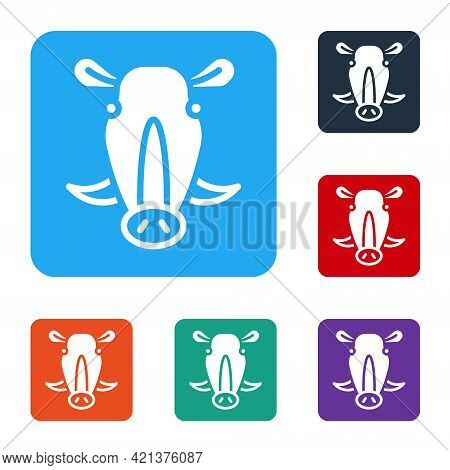 White Wild Boar Head Icon Isolated On White Background. Animal Symbol. Set Icons In Color Square But