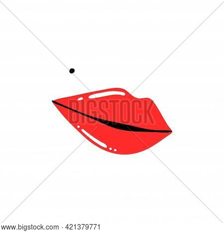 Red Lips And Mole. Female Sexy Lipstick Modern Poster Or Card. Woman Lip With Makeup, Trendy Glamour