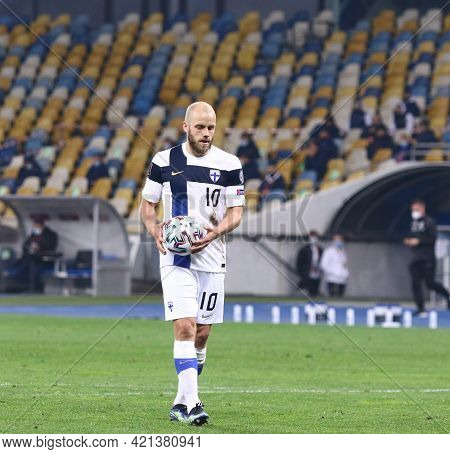 Kyiv, Ukraine - March 28, 2021: Teemu Pukki Of Finland Prepares To Perform A Penalty Kick During Fif