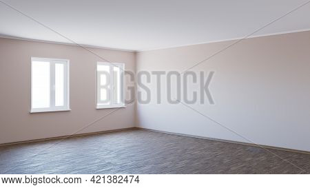 8k Ultra Hd Empty Interior Corner With Beige Walls, Dark Parquet Floor, Two White Plastic Windows, A