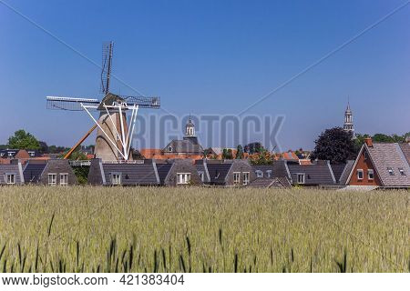 Field Of Rye In Front Of Historic City Ootmarsum, Netherlands