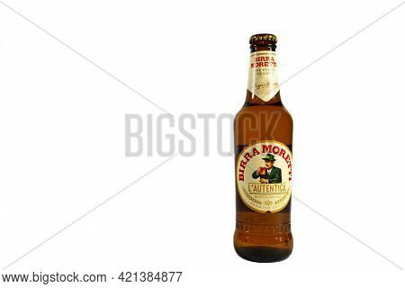 Miercurea Ciuc, Romania- 23 May 2021: Bottle Of Cold Moretti Beer Isolated On White Background, Spac