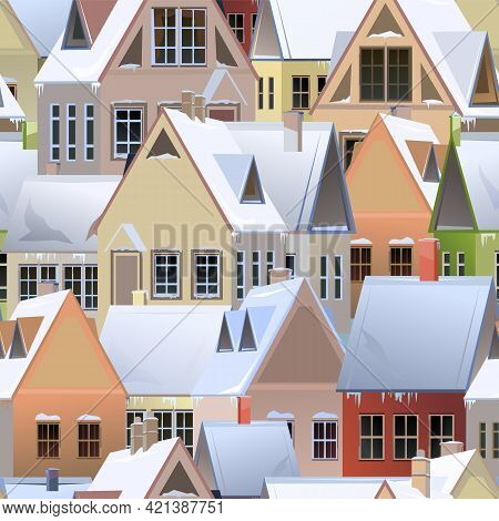 Rural Houses. Seamless Pattern. Winter Season. Gable Roofs Are Covered With Snow. Nice And Cozy Subu