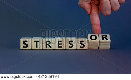 Stress And Stressor Symbol. Businessman Turns Cubes, Changes Words 'stress' To 'stressor'. Beautiful