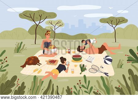 Family Picnic. Happy Parents And Children Spending Time Together And Relaxing At City Park. Summer O