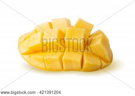 Rip Mango Slice Cubes Cut, Mango Half Cut In Cubes, Fresh Juicy Mango Fruit Isolated On A White Back